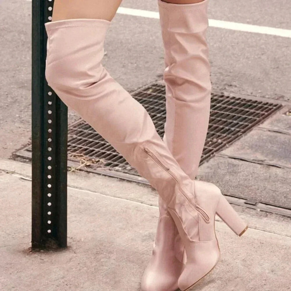 NWOT Lulus So Much Yes Champagne Satin Over the‎ Knee Boots - Picture 1 of 4